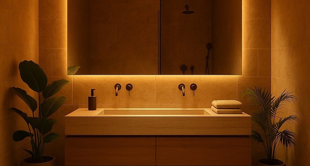 Baño con luz amarilla y plantas. Feng shui