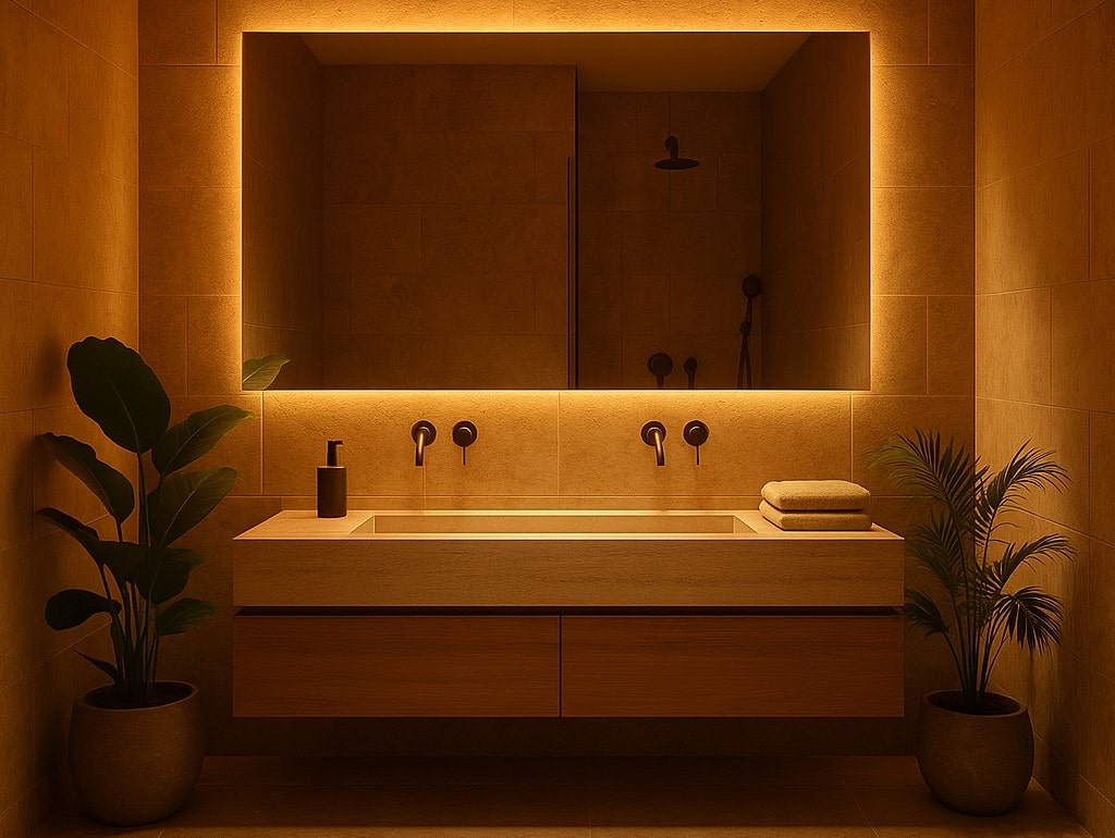 Baño con luz amarilla y plantas. Feng shui